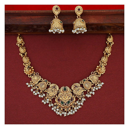 Floral Leaf Pearl Short Neckpiece Set with Earrings - Antique Gold-Toned