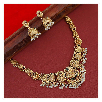 Floral Leaf Pearl Short Neckpiece Set with Earrings - Antique Gold-Toned