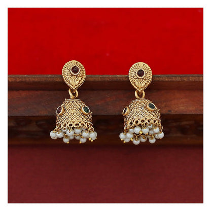 Floral Leaf Pearl Short Neckpiece Set with Earrings - Antique Gold-Toned