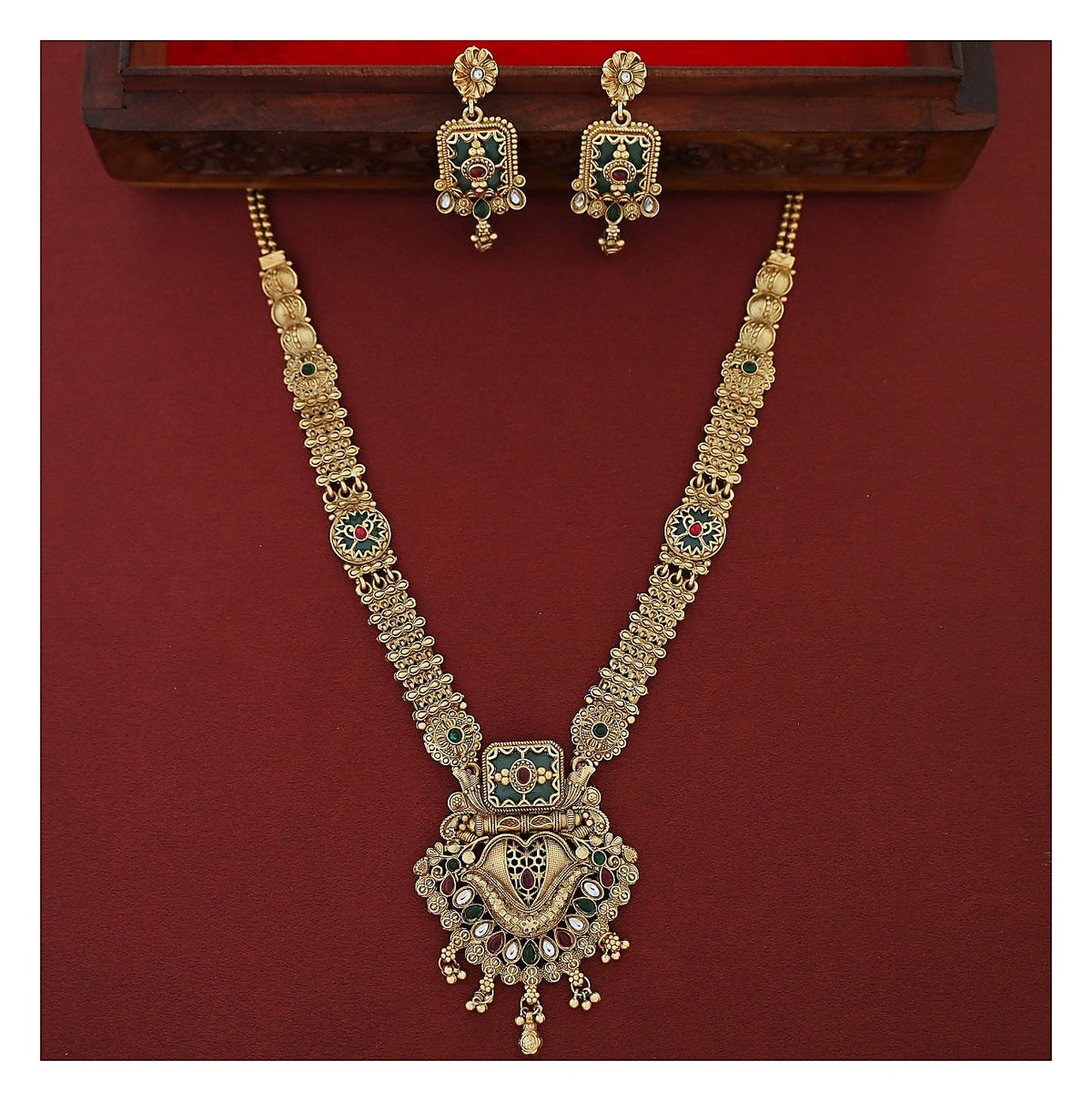 Floral Long Haram Set with Earrings - Antique Gold-Toned front view