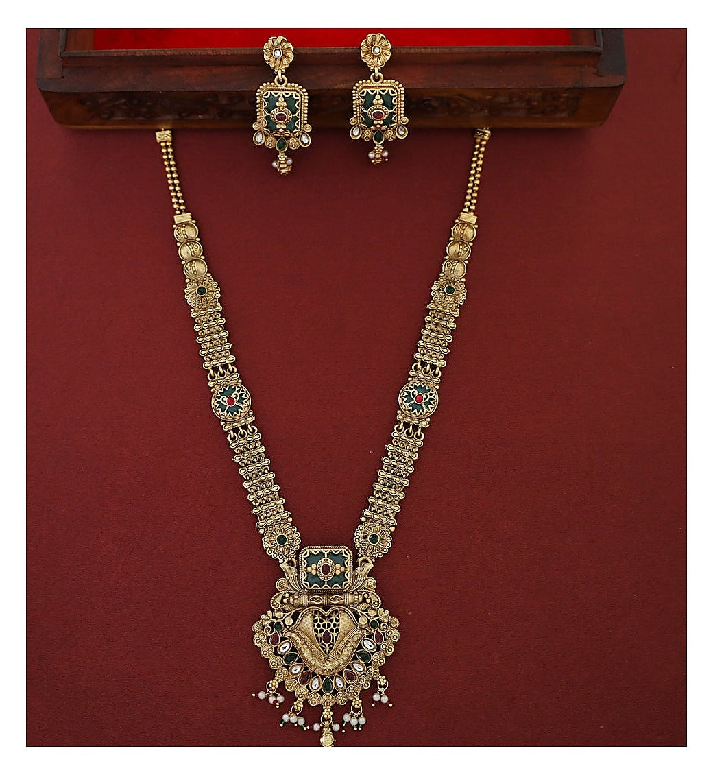 Floral Long Haram Set with Earrings - Antique Gold-Toned
