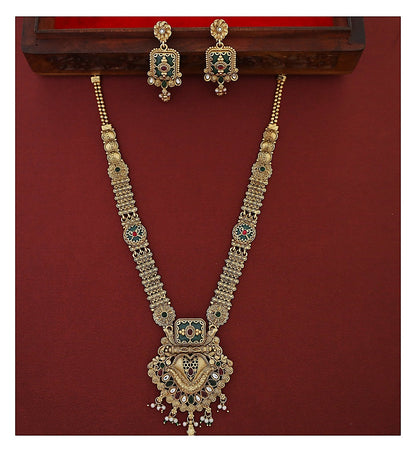 Floral Long Haram Set with Earrings - Antique Gold-Toned