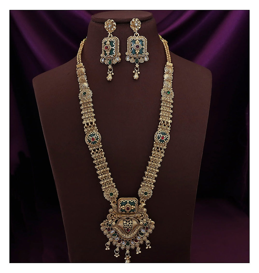 Floral Long Haram Set with Earrings - Antique Gold-Toned