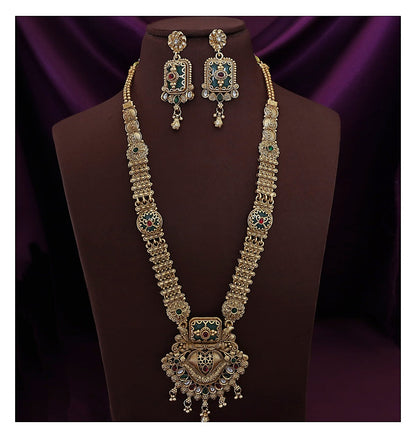 Floral Long Haram Set with Earrings - Antique Gold-Toned