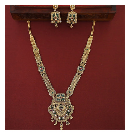 Floral Long Haram Set with Earrings - Antique Gold-Toned