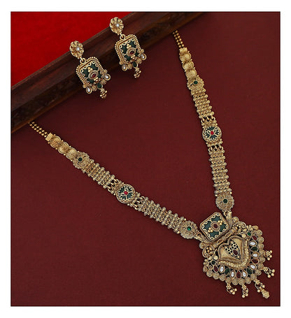 Floral Long Haram Set with Earrings - Antique Gold-Toned