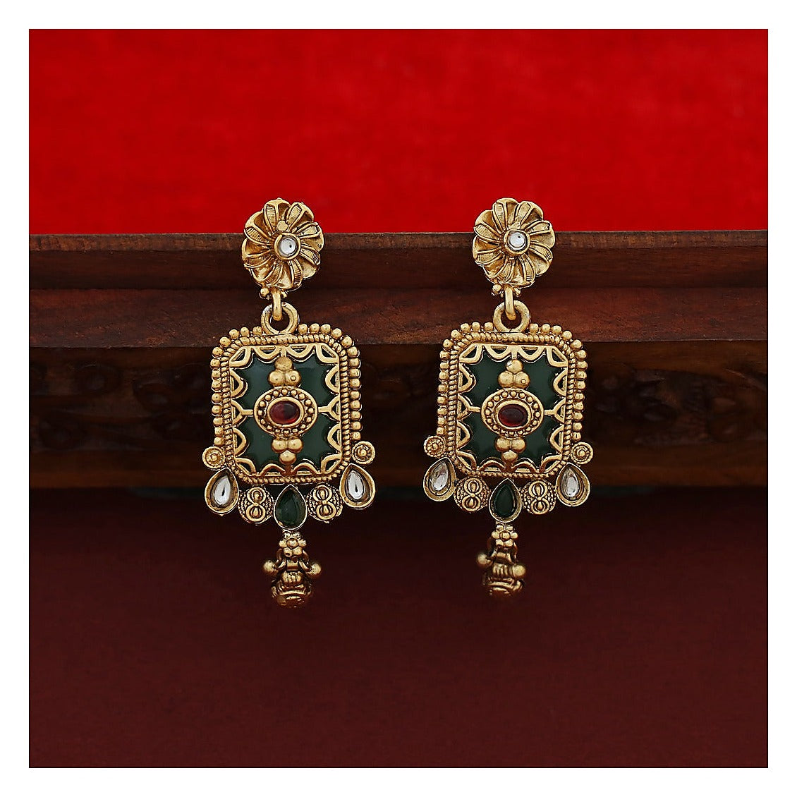 Floral Long Haram Set with Earrings - Antique Gold-Toned