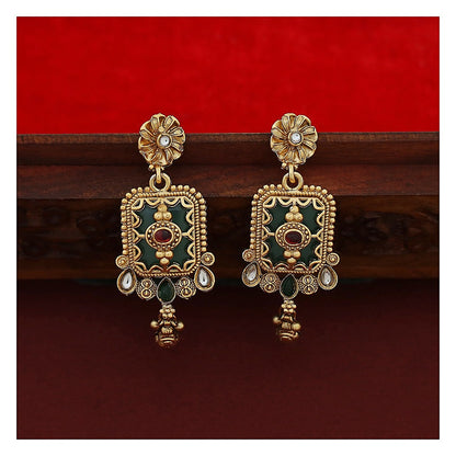 Floral Long Haram Set with Earrings - Antique Gold-Toned