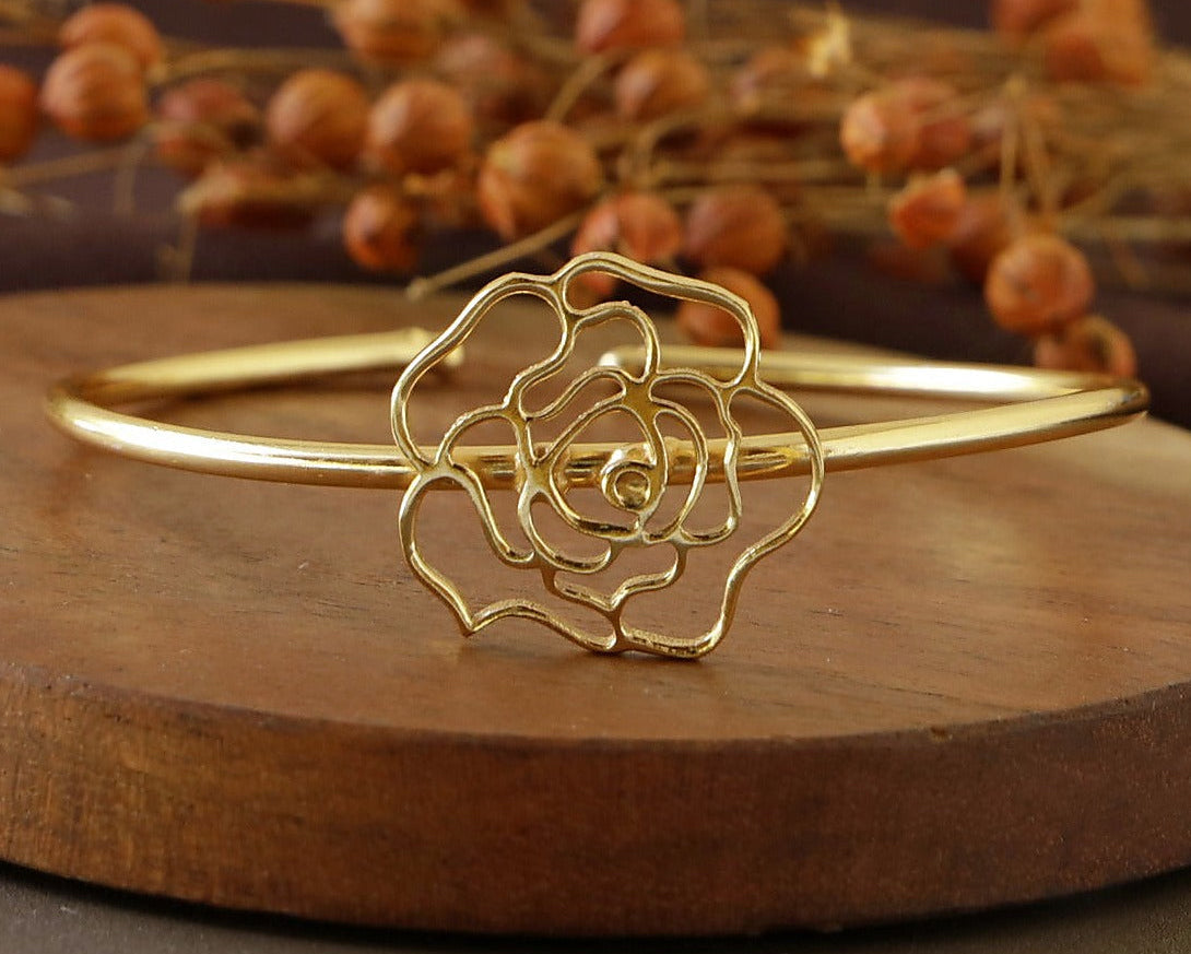 Floral Open Cuff Bangle - Gold Finish front view