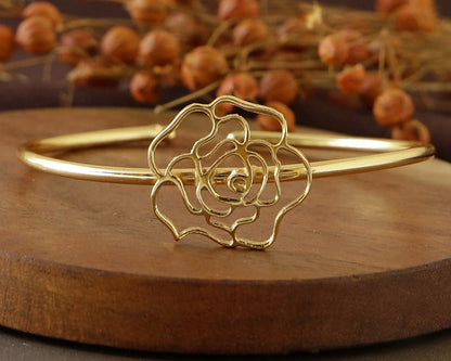 Floral Open Cuff Bangle - Gold Finish front view