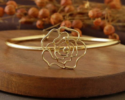 Floral Open Cuff Bangle - Gold Finish front view