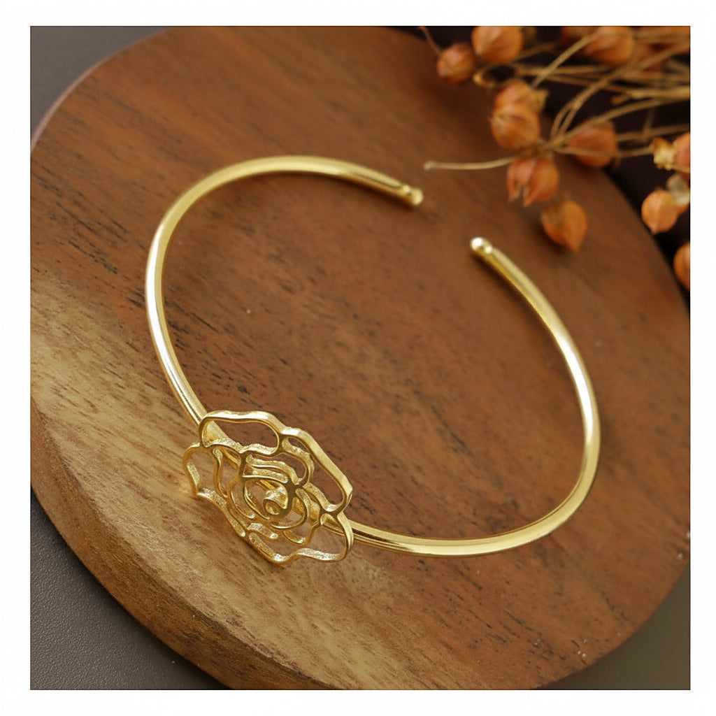 Floral Open Cuff Bangle - Gold Finish
