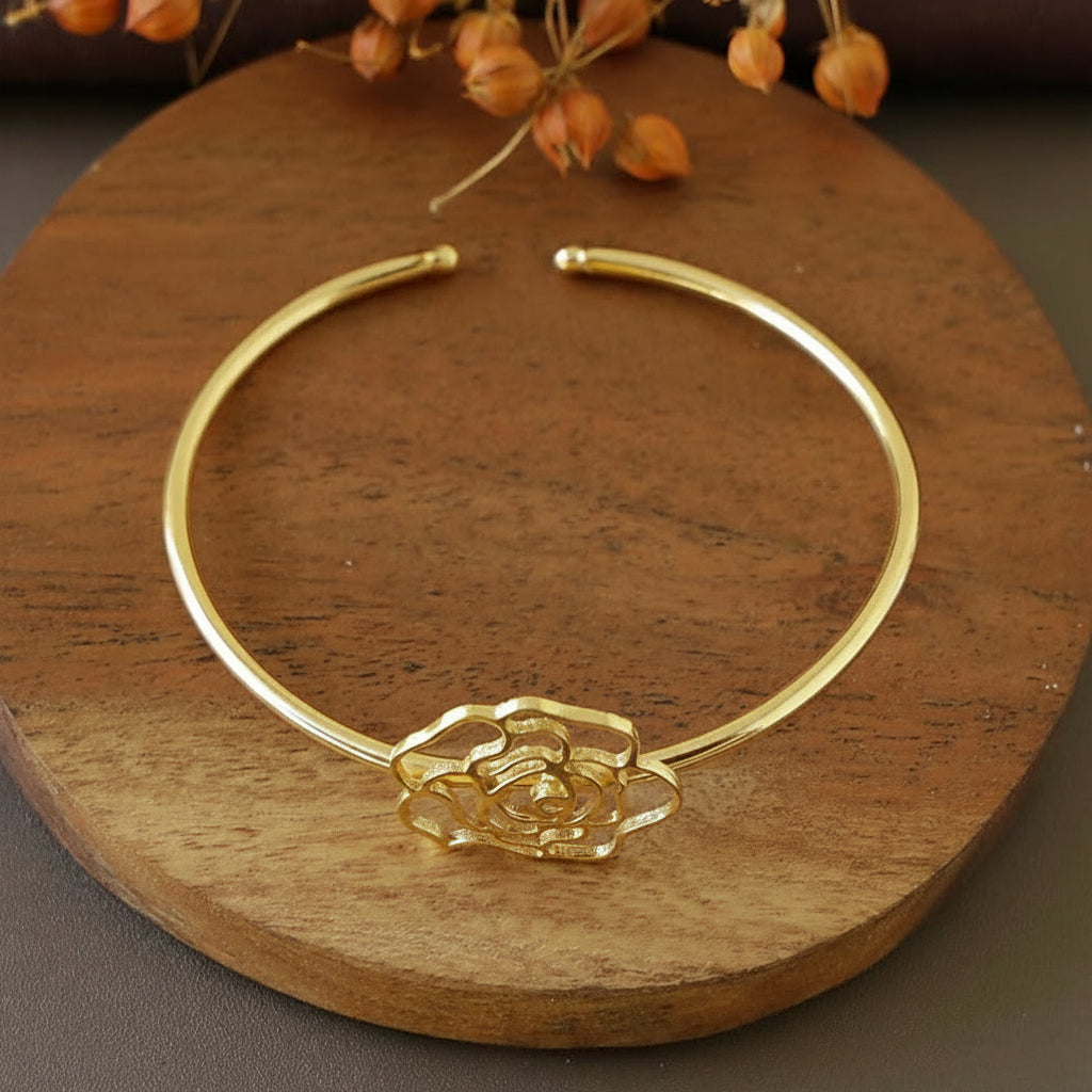Floral Open Cuff Bangle - Gold Finish