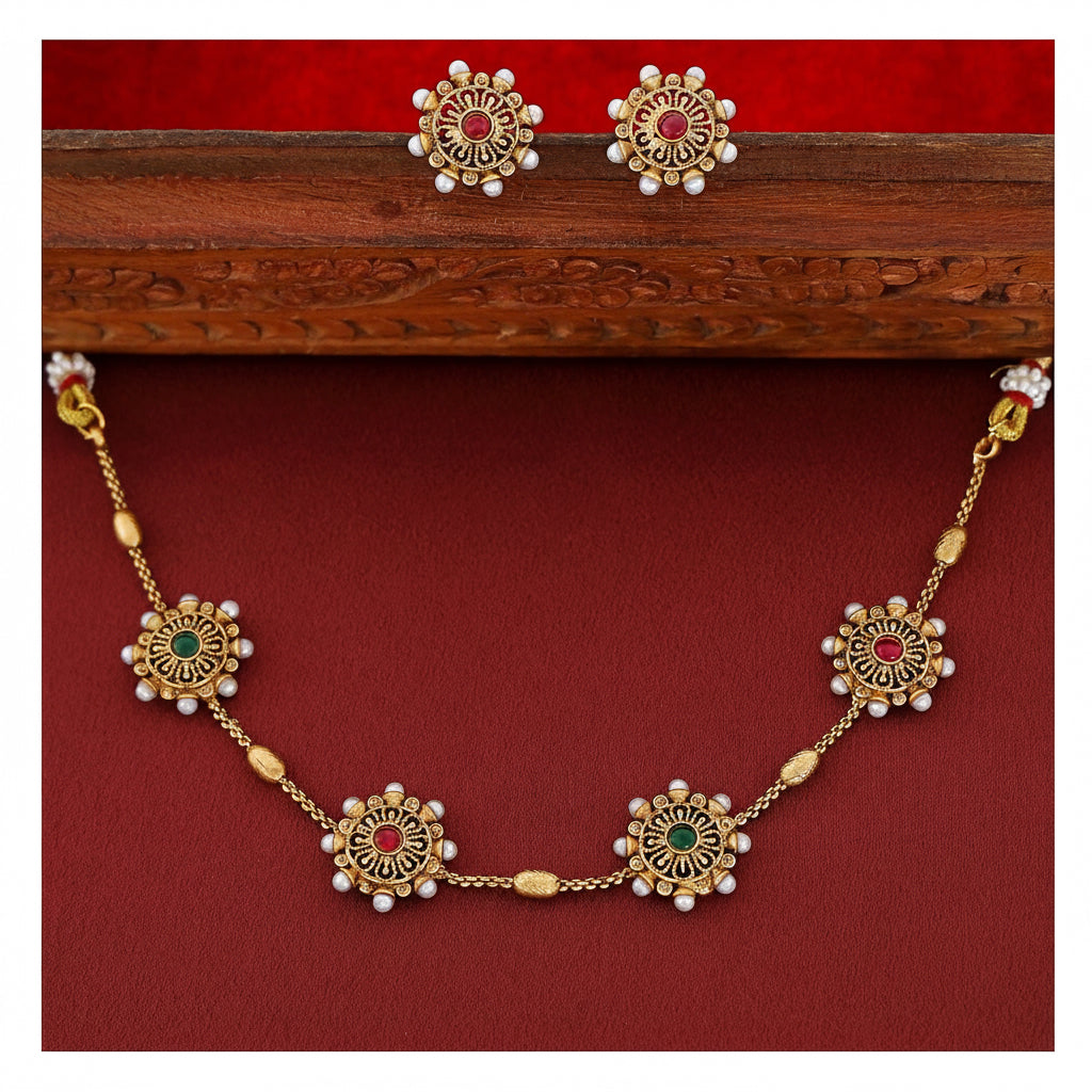 Floral Pearl Choker Set - Gold Tone with Green and Tourmaline Detail front view