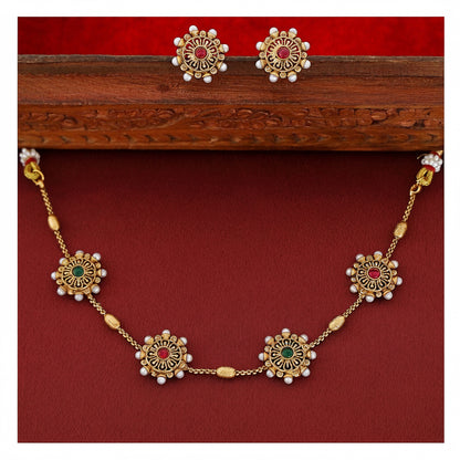 Floral Pearl Choker Set - Gold Tone with Green and Tourmaline Detail front view
