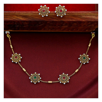 Floral Pearl Choker Set - Gold Tone with Green and Tourmaline Detail