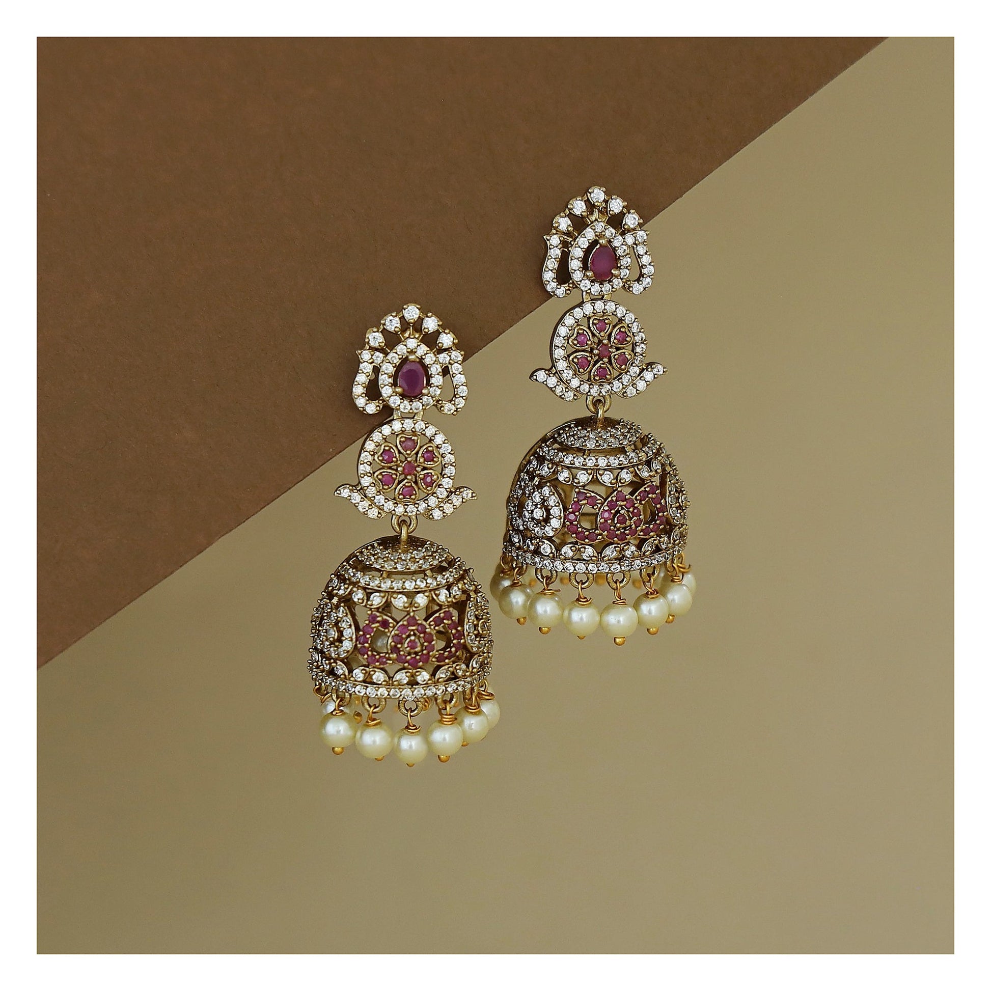 Floral Pearl Jhumka Earrings - Tourmaline Stone with Pearl Drops front view