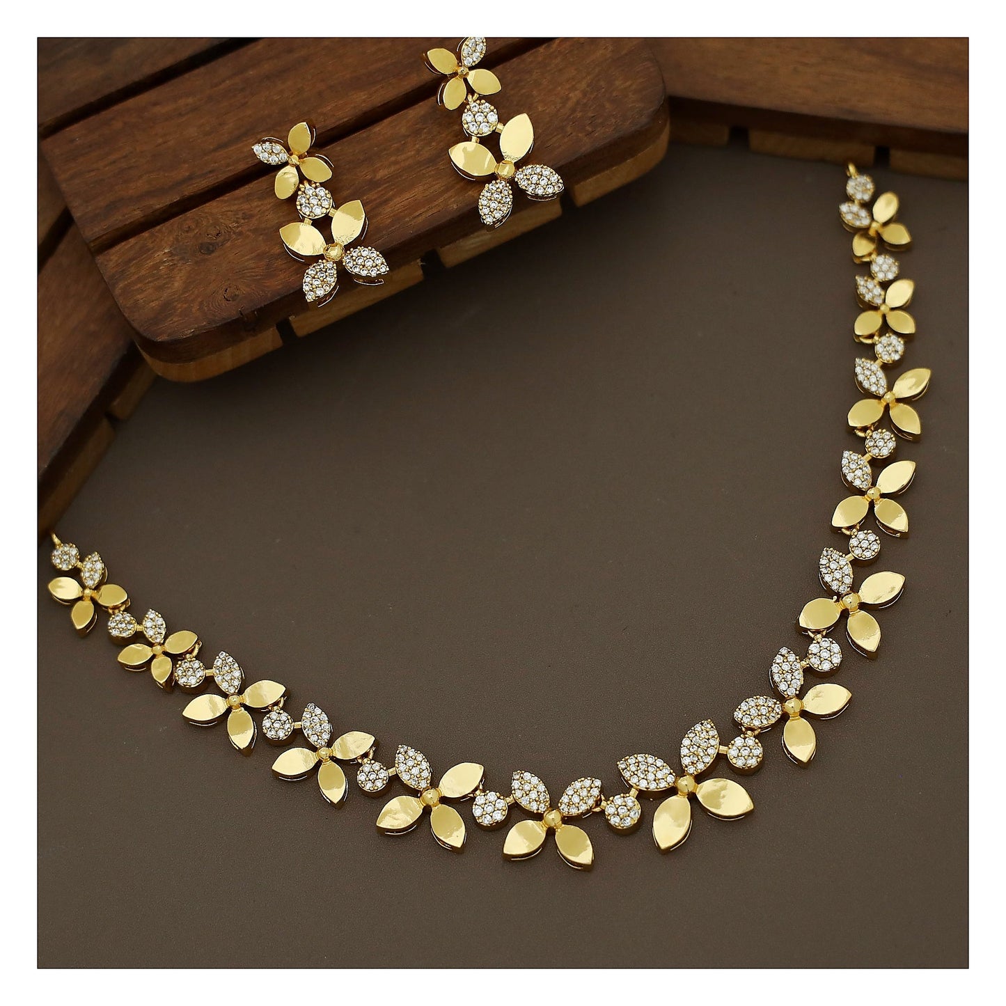 Floral Short Necklace Set - Gold Tone with Stone Detail Earrings front view