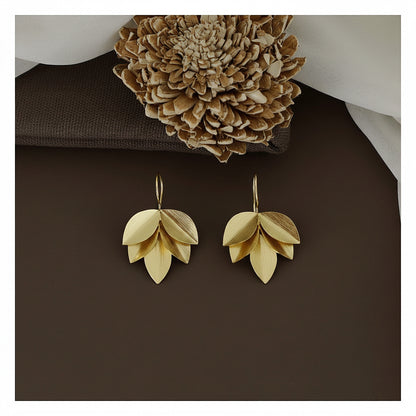 Fold Leaf Drop Earrings - Matte Gold Tone Floral Design
