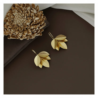 Fold Leaf Drop Earrings - Matte Gold Tone Floral Design