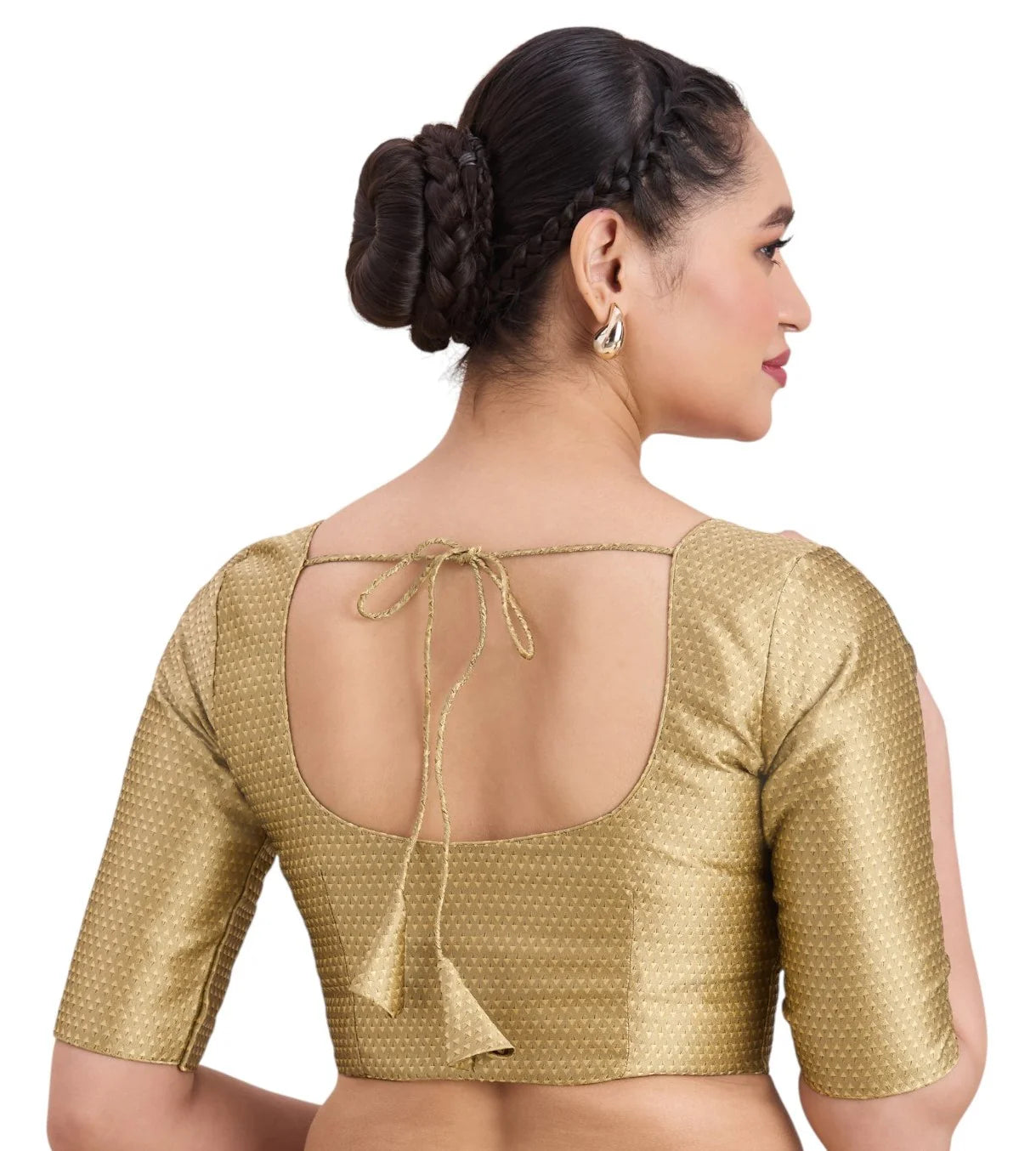 Woman wearing gold Banaras brocade round neck readymade saree blouse with elbow sleeves