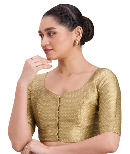 Woman wearing gold Banaras brocade round neck readymade saree blouse with elbow sleeves