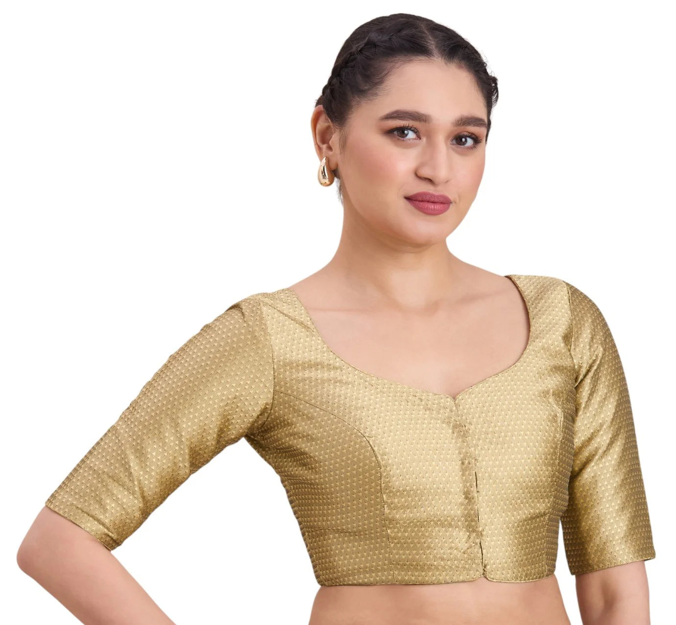 Woman wearing gold Banaras brocade round neck readymade saree blouse with elbow sleeves