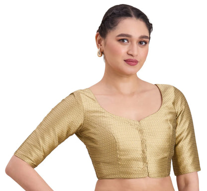 Woman wearing gold Banaras brocade round neck readymade saree blouse with elbow sleeves