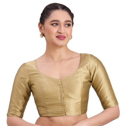 Woman wearing gold Banaras brocade round neck readymade saree blouse with elbow sleeves