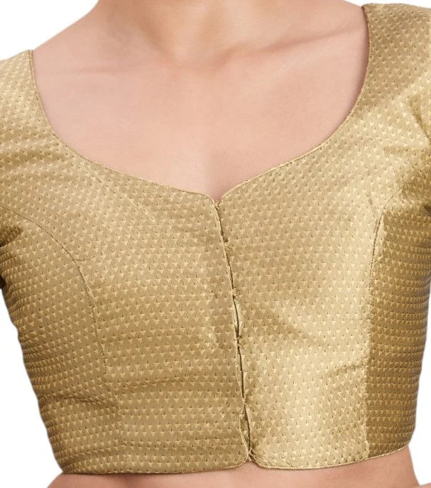 Woman wearing gold Banaras brocade round neck readymade saree blouse with elbow sleeves