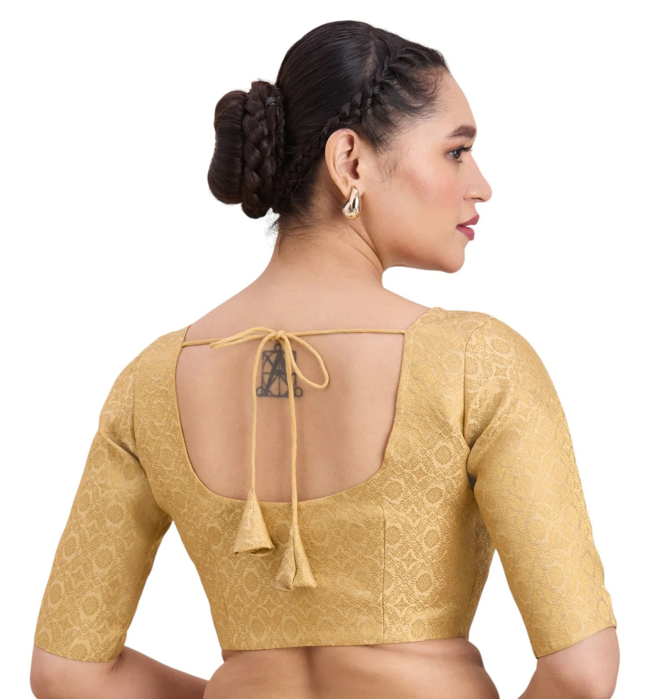 Women’s Gold Banaras Brocade Round Neck Readymade Saree Blouse
