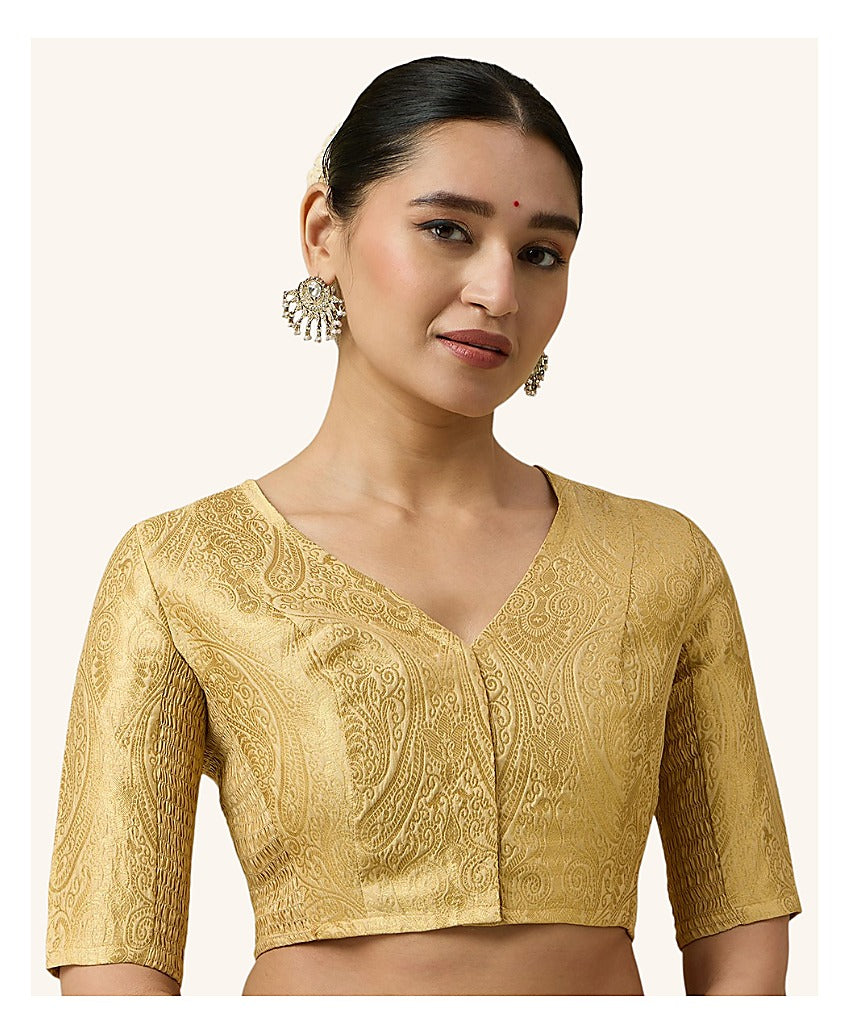 Gold Benaras Brocade Readymade Blouse - V Neck Elbow Sleeves front view