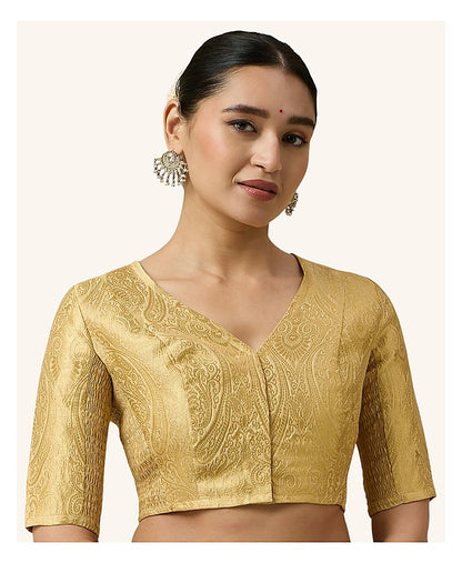 Gold Benaras Brocade Readymade Blouse - V Neck Elbow Sleeves front view