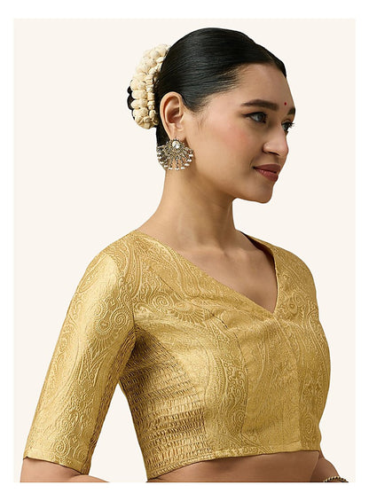 Gold Benaras Brocade Readymade Blouse - V Neck Elbow Sleeves