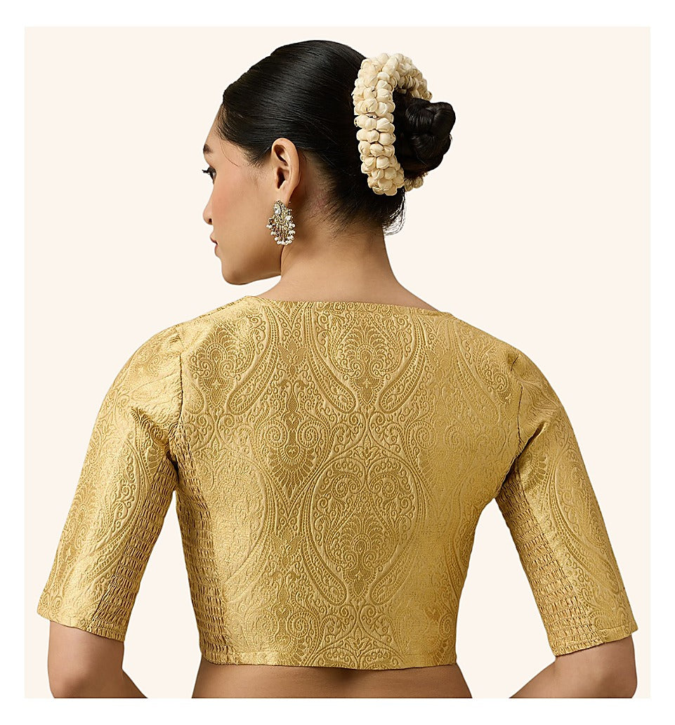 Gold Benaras Brocade Readymade Blouse - V Neck Elbow Sleeves