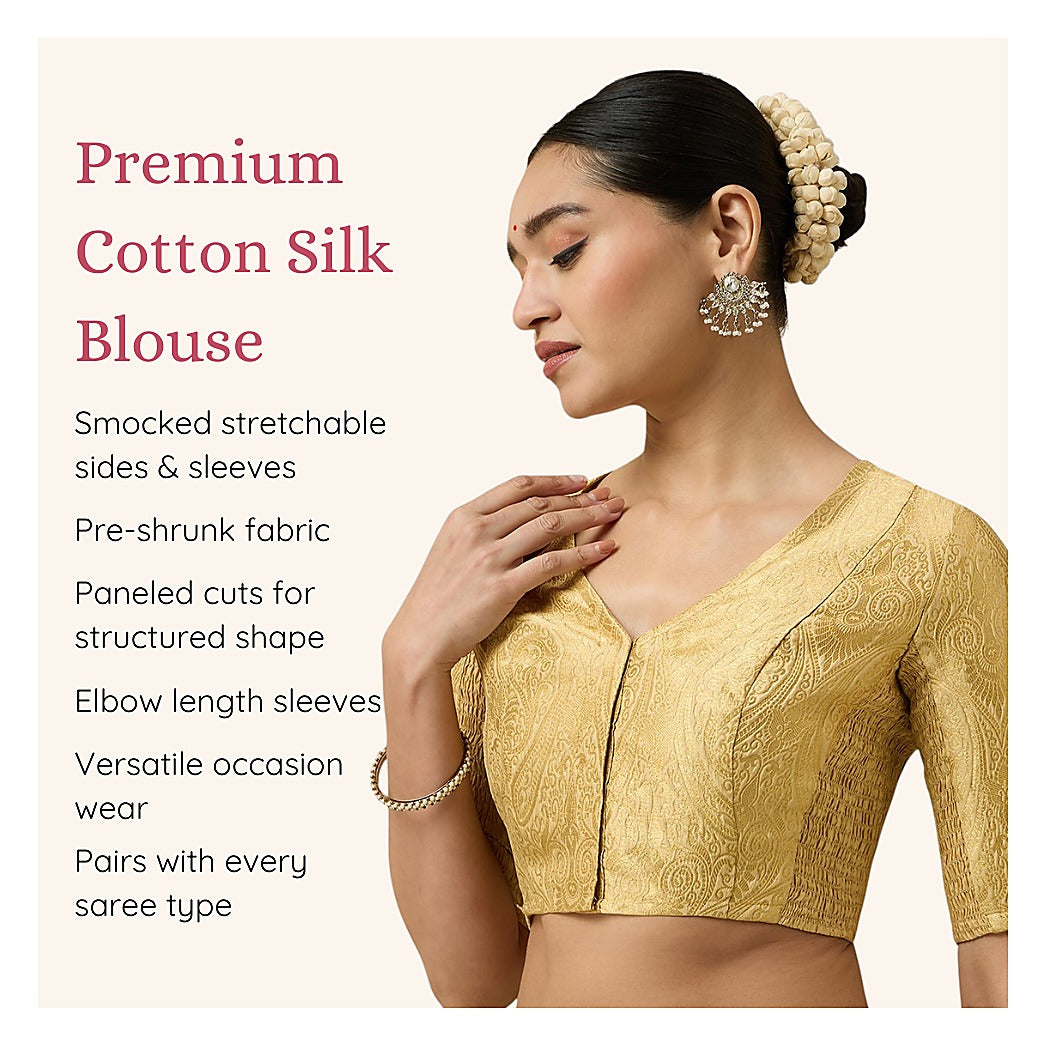 Gold Benaras Brocade Readymade Blouse - V Neck Elbow Sleeves
