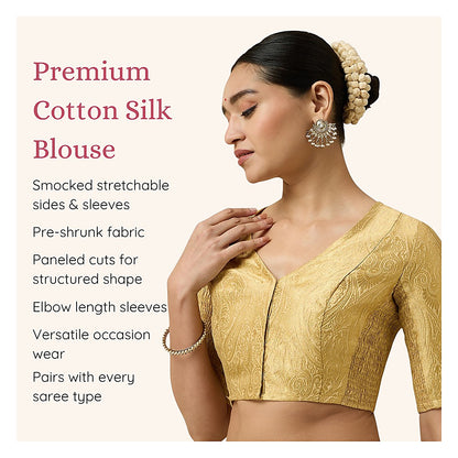 Gold Benaras Brocade Readymade Blouse - V Neck Elbow Sleeves