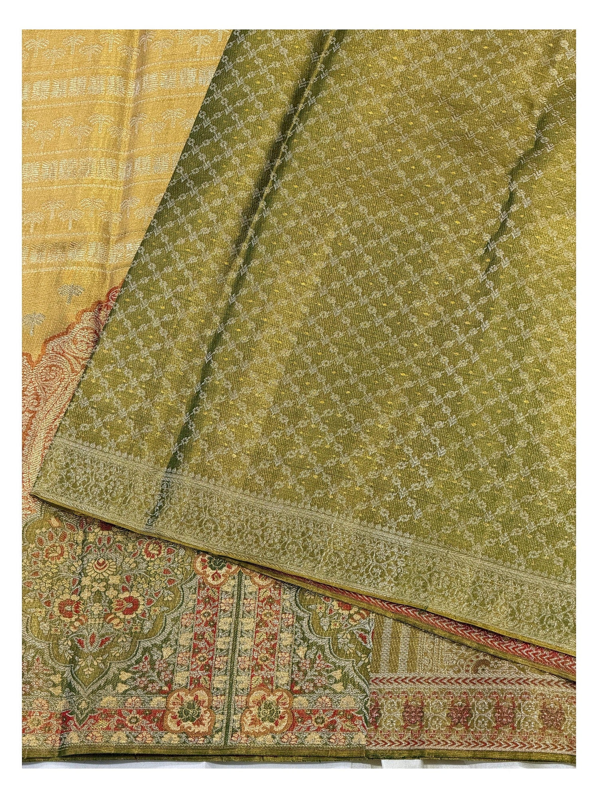 Gold Handwoven Kanchipuram Silk Saree with Olive Floral Brocade Pallu