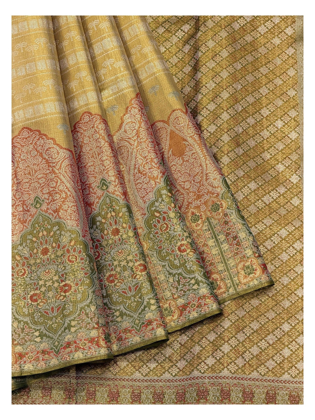 Gold Handwoven Kanchipuram Silk Saree with Olive Floral Brocade Pallu
