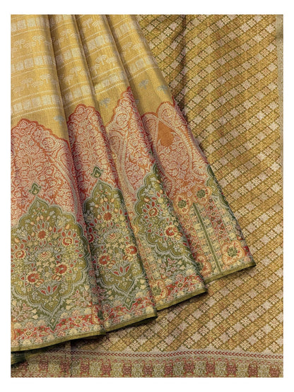 Gold Handwoven Kanchipuram Silk Saree with Olive Floral Brocade Pallu