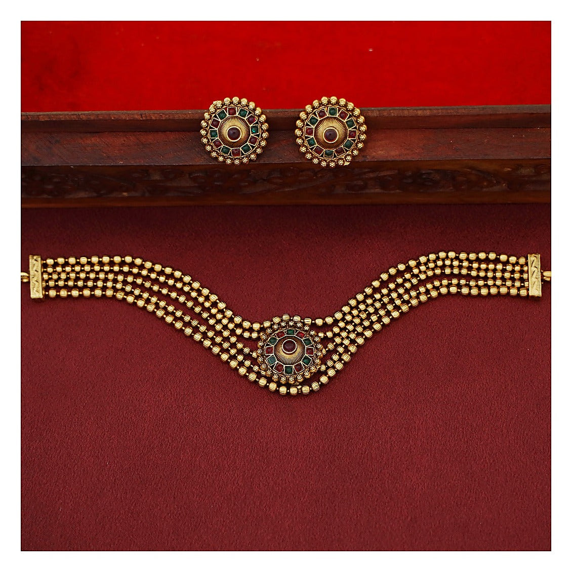 Golden Ball 5 Layer Choker Set with Studs - Tourmaline + Green