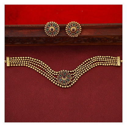 Golden Ball 5 Layer Choker Set with Studs - Tourmaline + Green