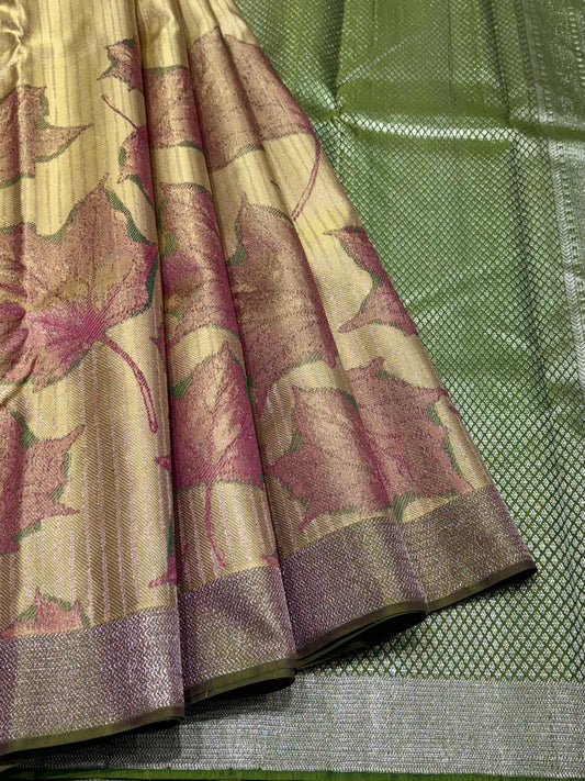 Golden beige Kanchipuram silk saree with green zari border and pallu – full view