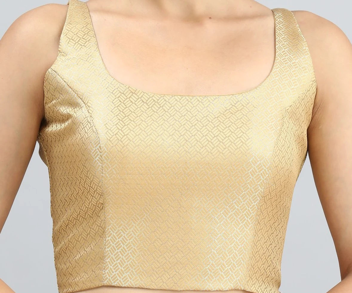 Women’s Golden Brocade Sleeveless Saree Blouse with Padding
