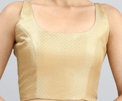Women’s Golden Brocade Sleeveless Saree Blouse with Padding