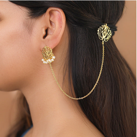 Golden Lotus Pearl Stud Earrings with Ear Chain Set front view