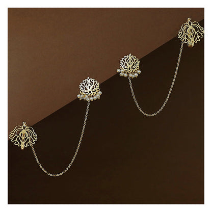 Golden Lotus Pearl Stud Earrings with Ear Chain Set