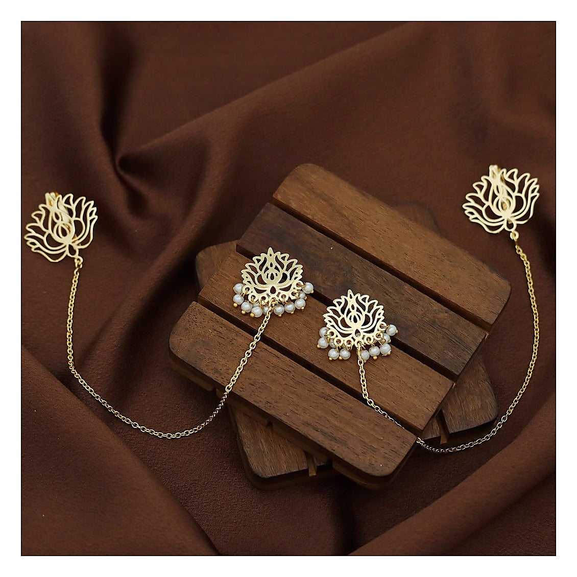 Golden Lotus Pearl Stud Earrings with Ear Chain Set