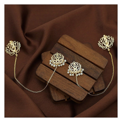 Golden Lotus Pearl Stud Earrings with Ear Chain Set