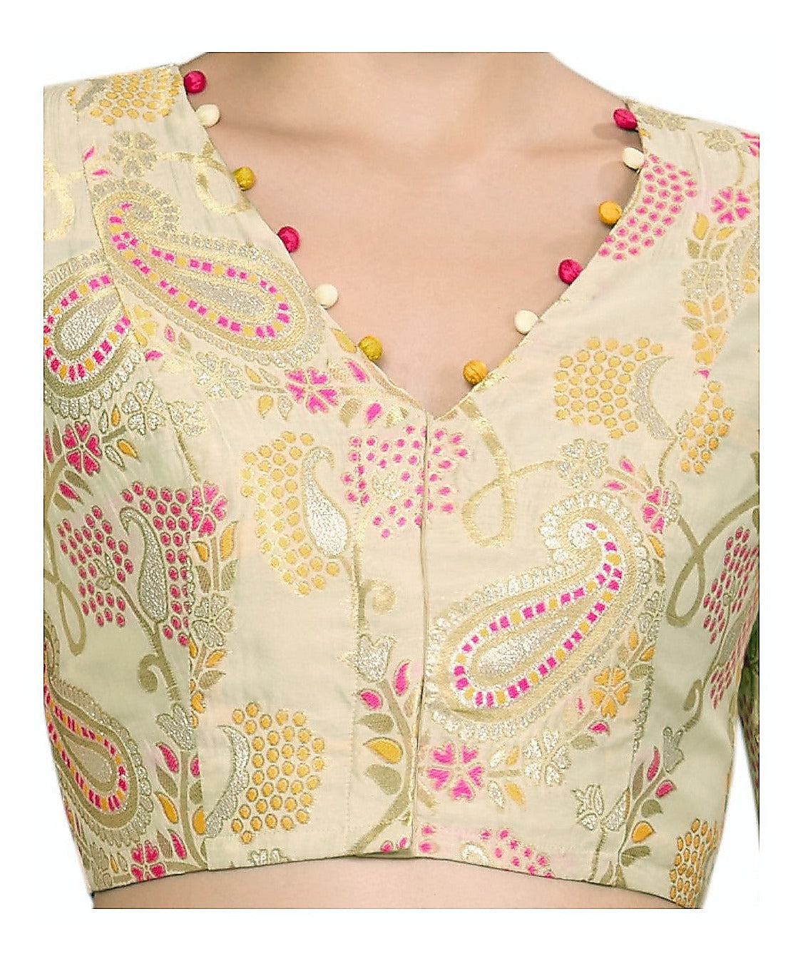 Golden Silky Brocade Readymade Blouse with V Neck detail view